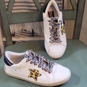 Women's White Sneakers with Leopard Star Accents, Suede Heel Size 5.5- 6